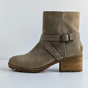 Sorel Boots Cate Buckle Womens 8.5 Tan Leather Ankle Heels Zipper Straps Lug